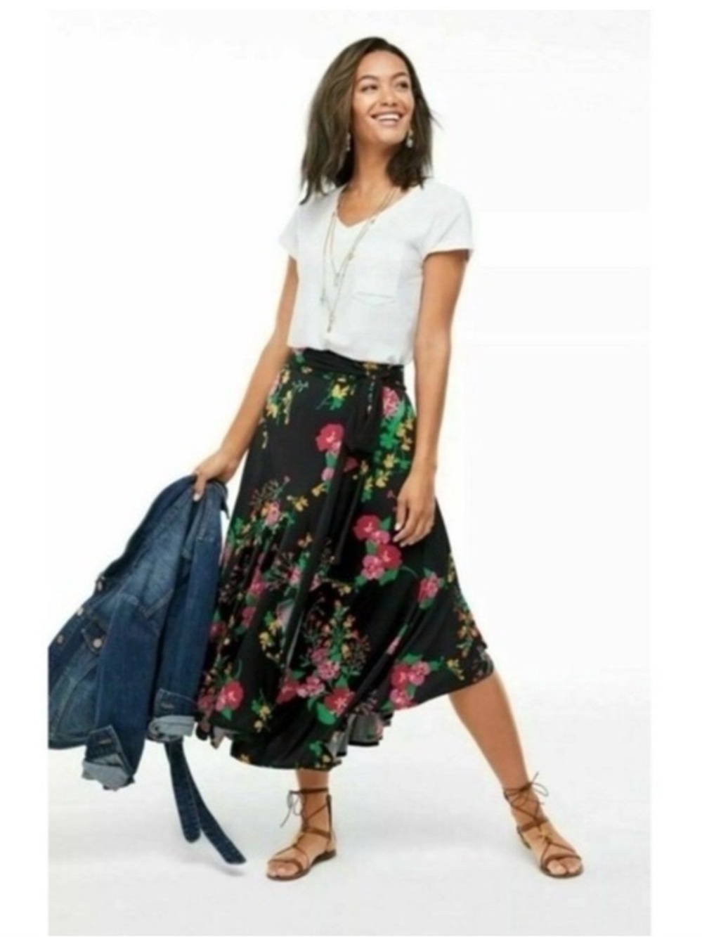Cabi Drama Black Floral Midi Skirt - Women's Flowing Wrap Style skirt